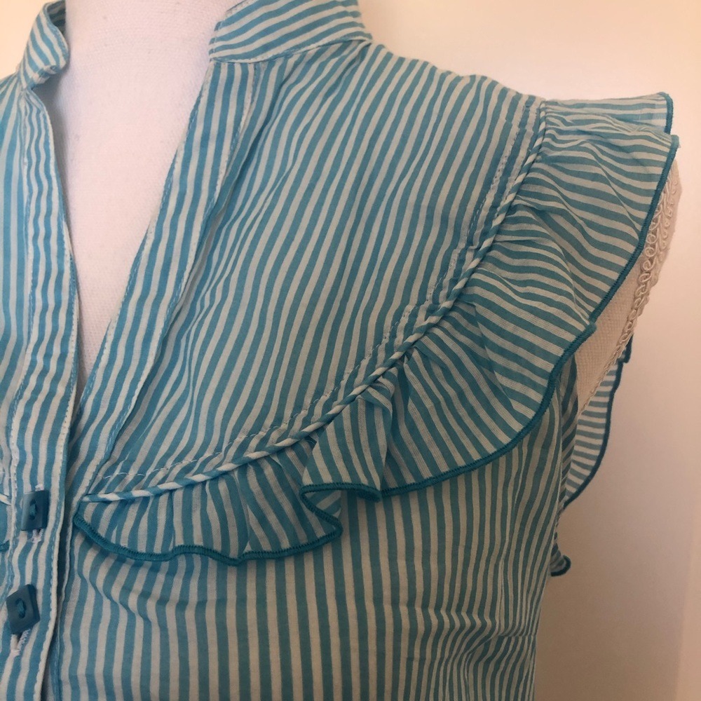 Zara Striped Ruffle Blouse Womens Small Teal White Sleeveless Button Up - Picture 3 of 10